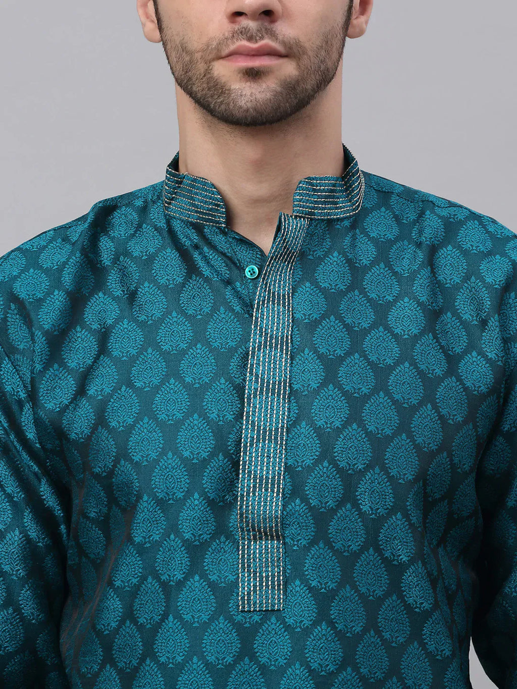 Jompers Men's Silk Blend Collar Embroidered Kurta Pyjama Set - Peacock