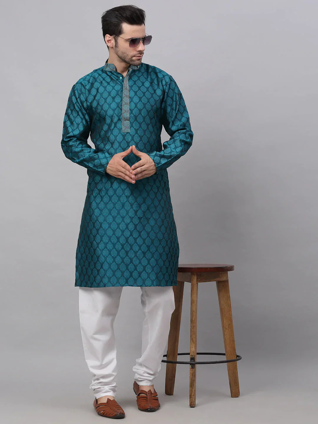Jompers Men's Silk Blend Collar Embroidered Kurta Pyjama Set - Peacock