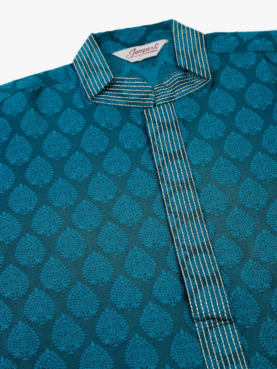 Jompers Men's Silk Blend Collar Embroidered Kurta Pyjama Set - Peacock