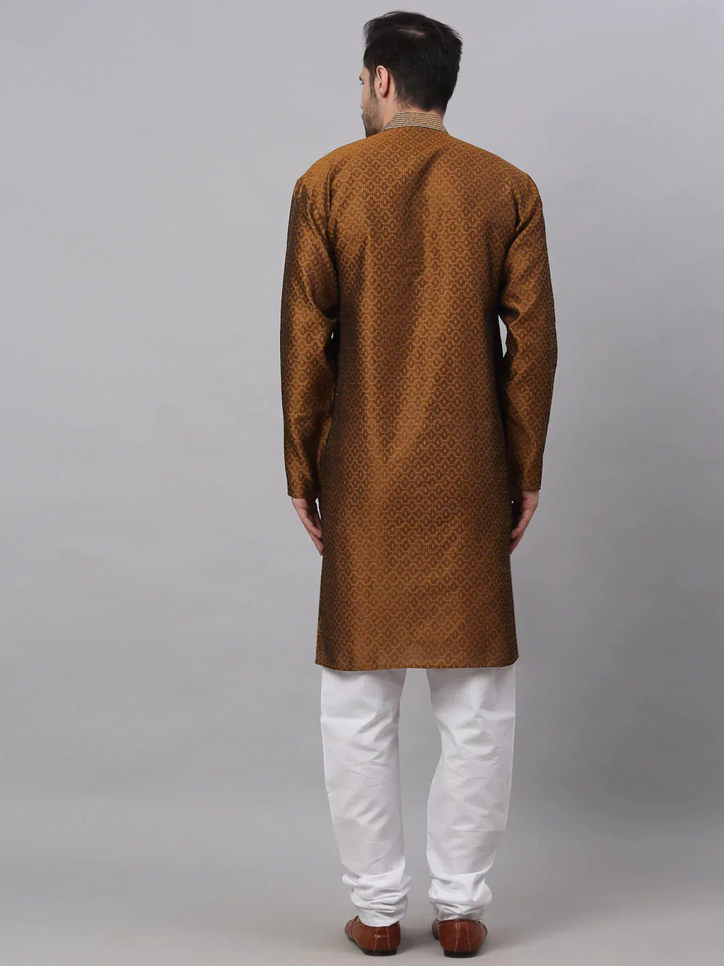 Jompers Men's Silk Blend Collar Embroidered Kurta Pyjama Set - Brown