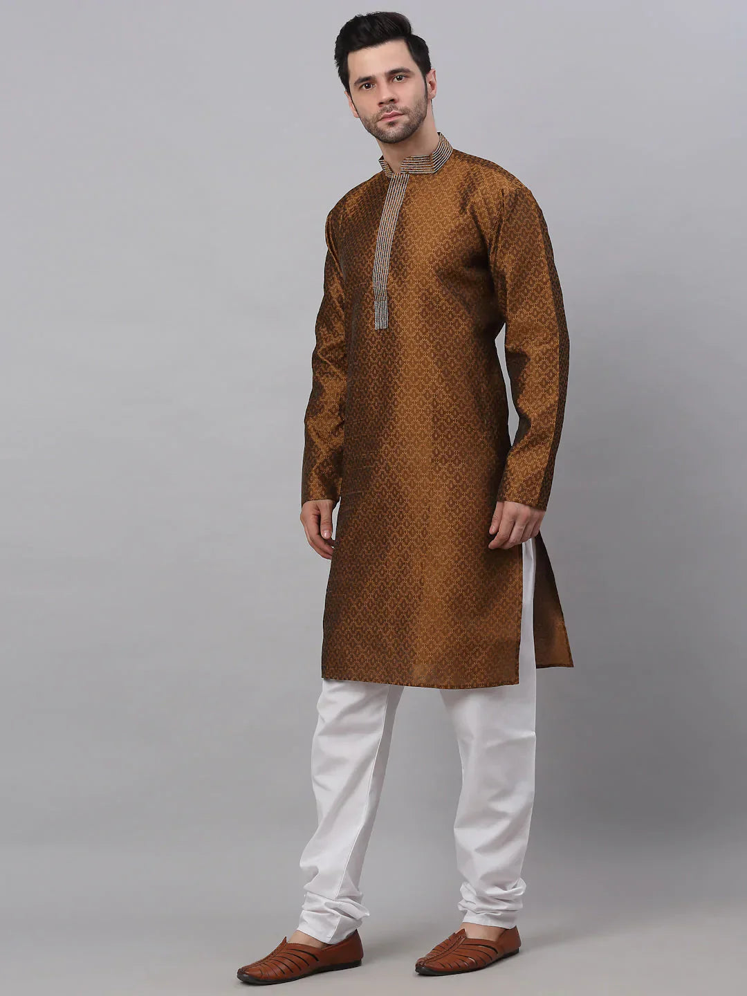 Jompers Men's Silk Blend Collar Embroidered Kurta Pyjama Set - Brown