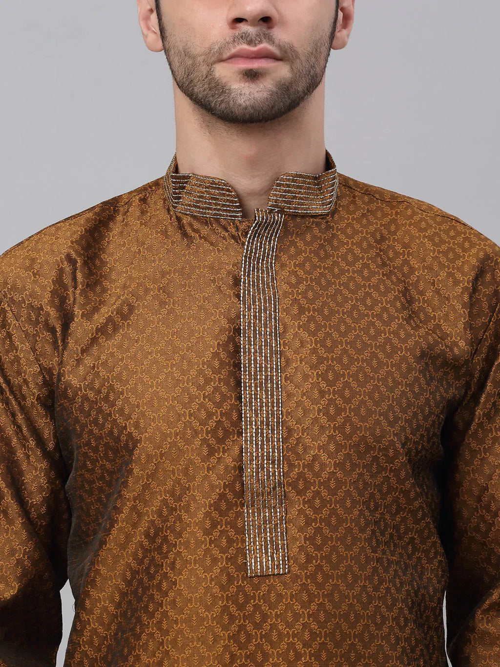 Jompers Men's Silk Blend Collar Embroidered Kurta Pyjama Set - Brown