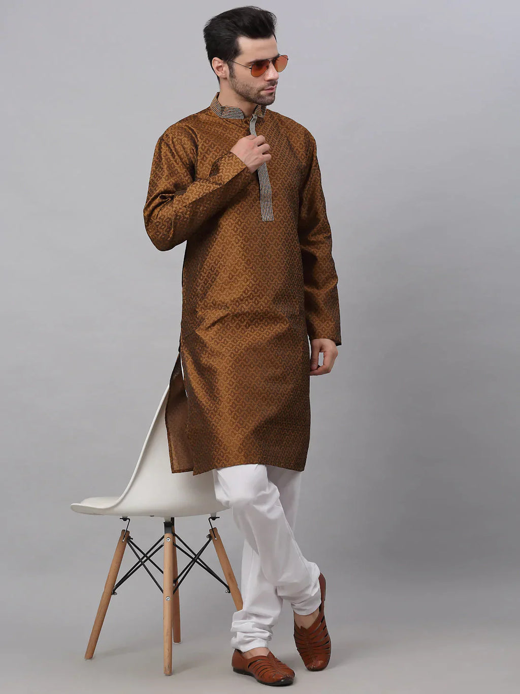 Jompers Men's Silk Blend Collar Embroidered Kurta Pyjama Set - Brown
