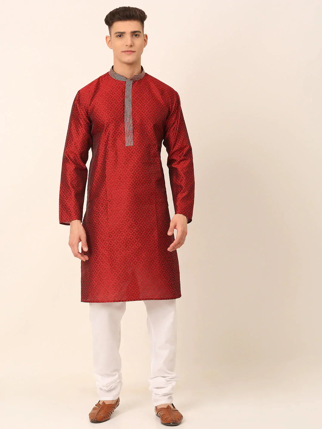 Jompers Men's Silk Blend Collar Embroidered Kurta Pyjama Set - Maroon