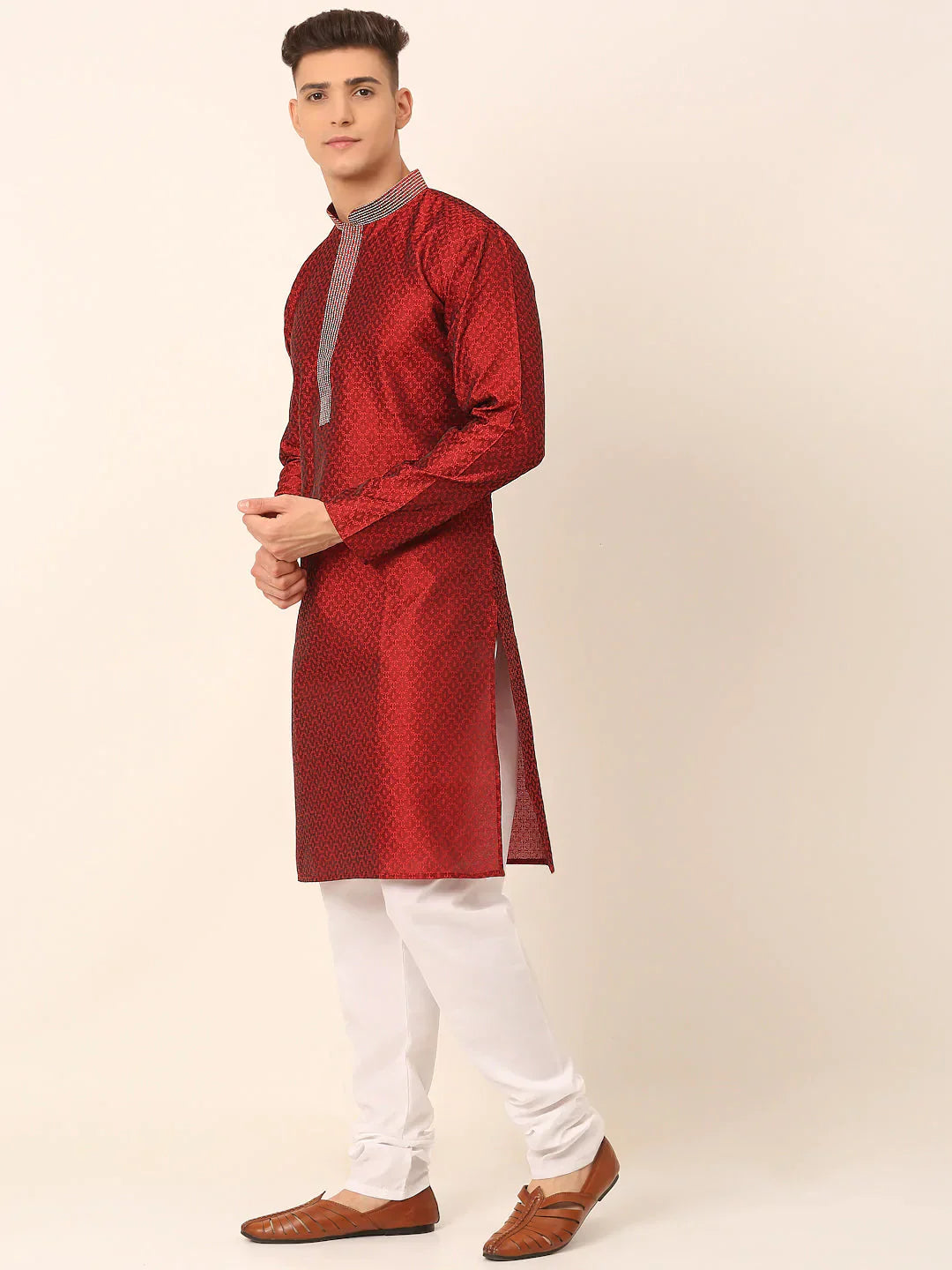 Jompers Men's Silk Blend Collar Embroidered Kurta Pyjama Set - Maroon