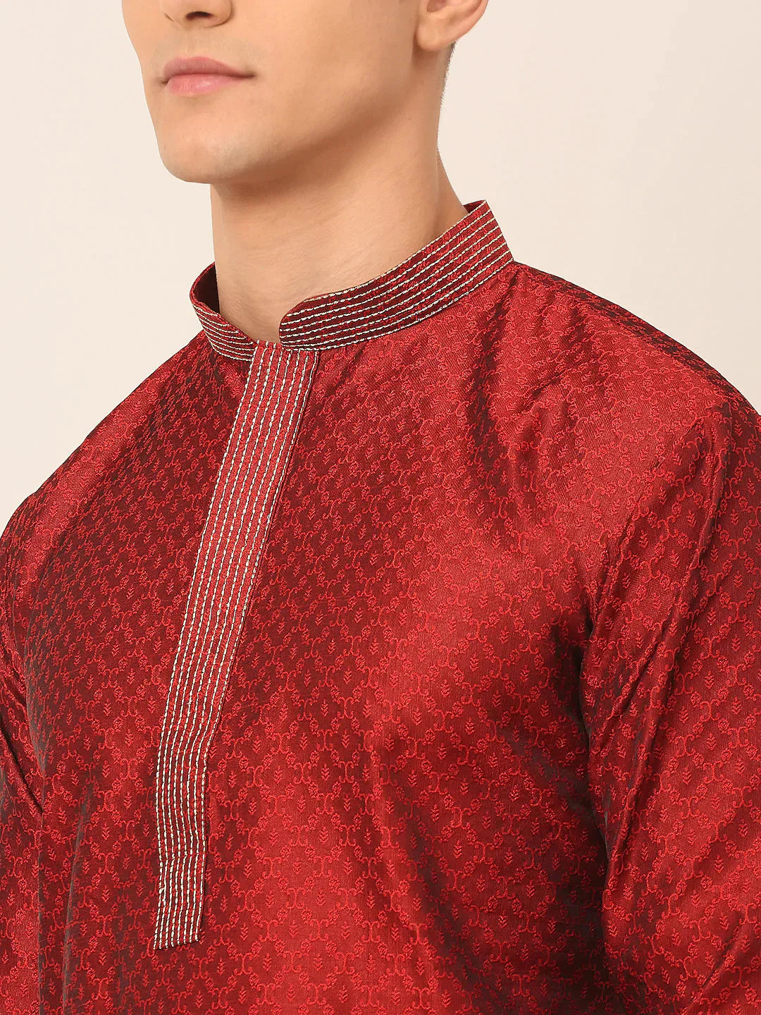 Jompers Men's Silk Blend Collar Embroidered Kurta Pyjama Set - Maroon