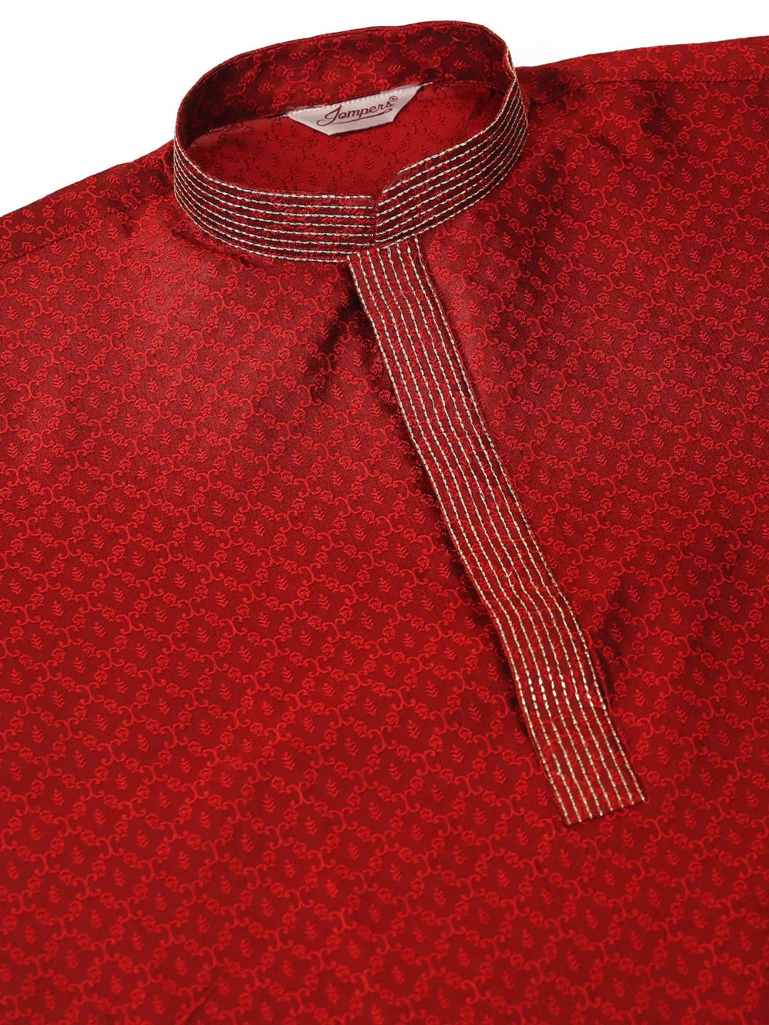 Jompers Men's Silk Blend Collar Embroidered Kurta Pyjama Set - Maroon