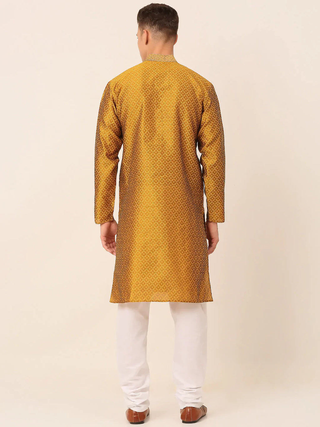 Jompers Men's Silk Blend Collar Embroidered Kurta Pyjama Set - Mustard
