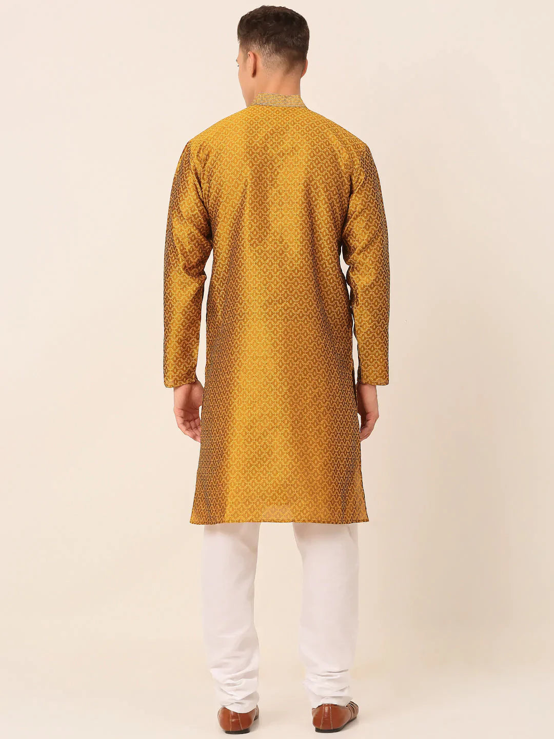 Jompers Men's Silk Blend Collar Embroidered Kurta Pyjama Set - Mustard