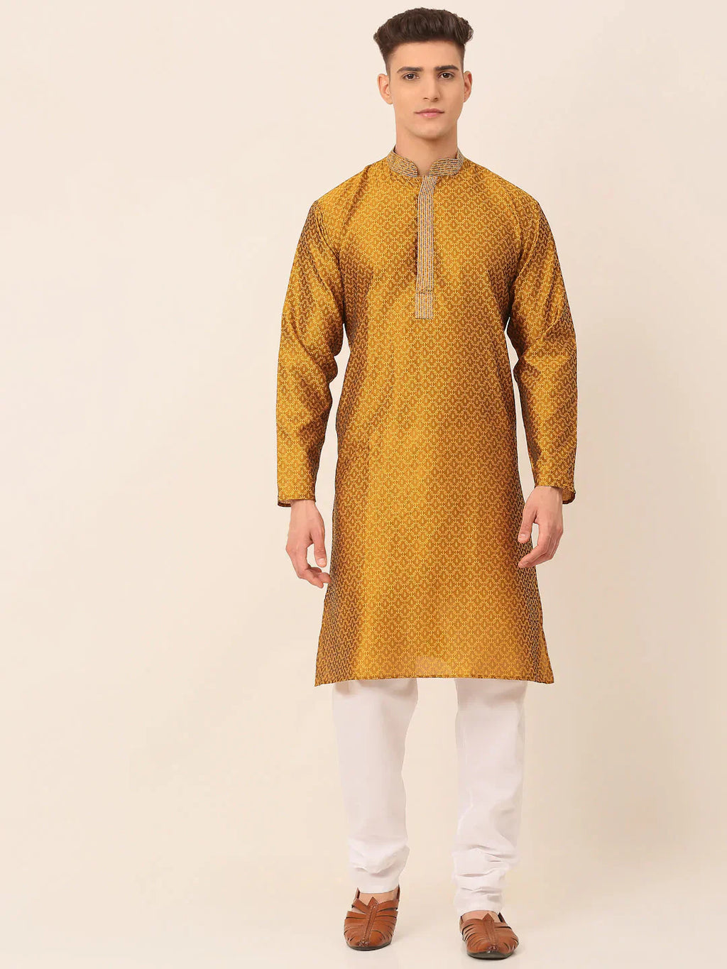 Jompers Men's Silk Blend Collar Embroidered Kurta Pyjama Set - Mustard