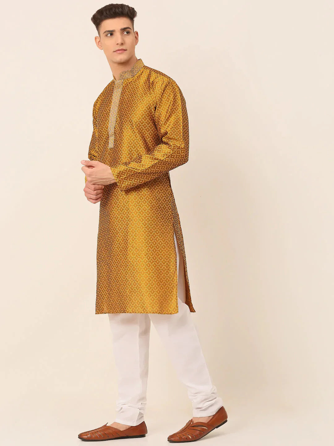 Jompers Men's Silk Blend Collar Embroidered Kurta Pyjama Set - Mustard