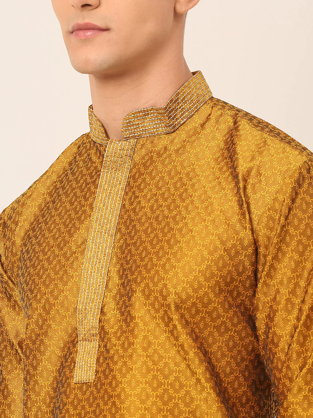 Jompers Men's Silk Blend Collar Embroidered Kurta Pyjama Set - Mustard