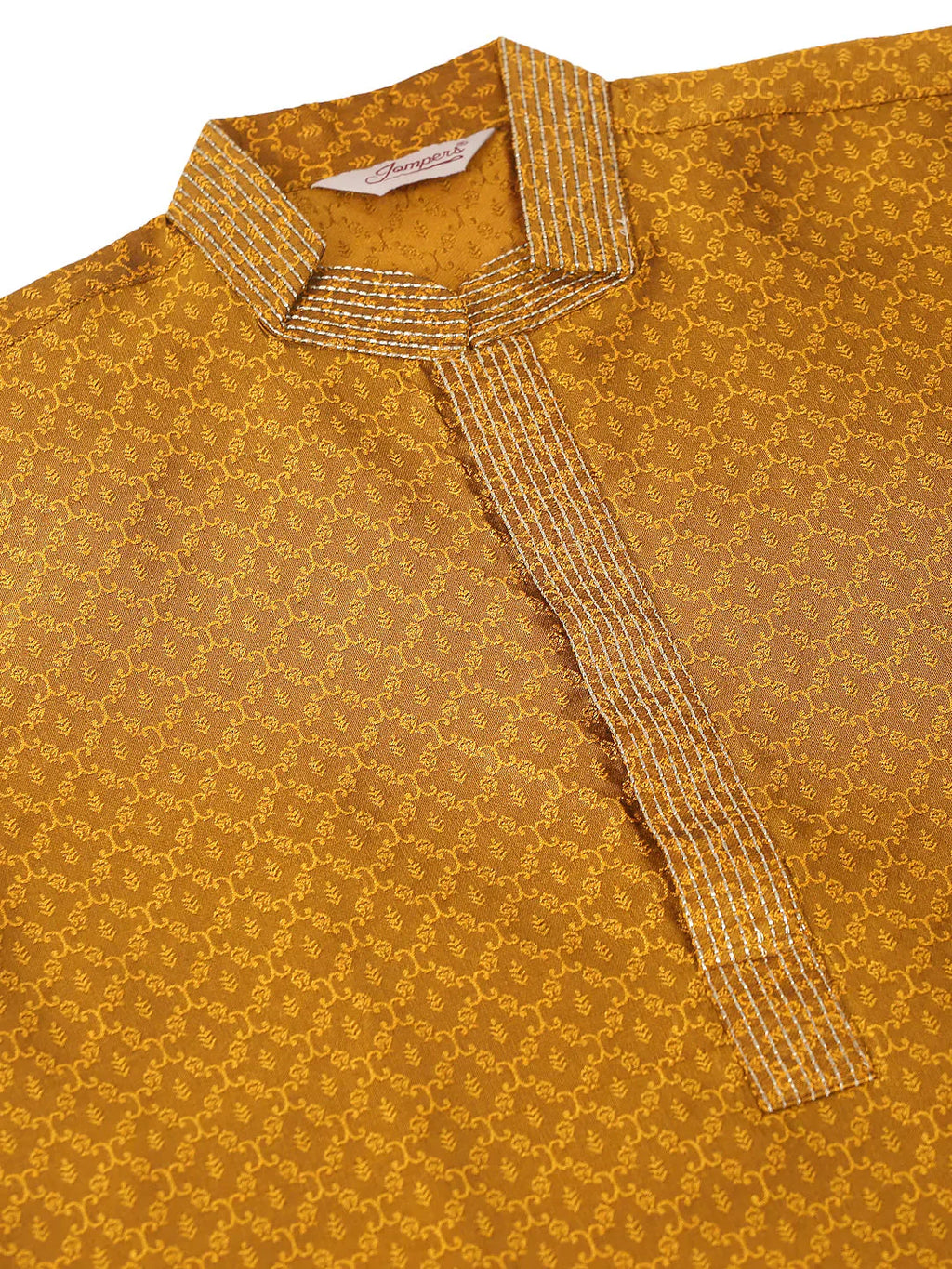 Jompers Men's Silk Blend Collar Embroidered Kurta Pyjama Set - Mustard