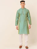 Jompers Men's Silk Blend Collar Embroidered Kurta Pyjama Set - Sea-Green