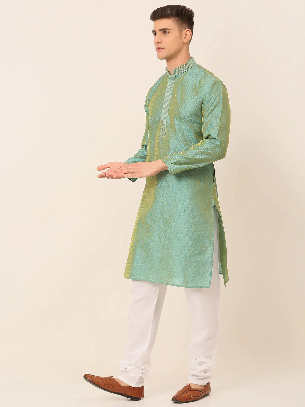 Jompers Men's Silk Blend Collar Embroidered Kurta Pyjama Set - Sea-Green