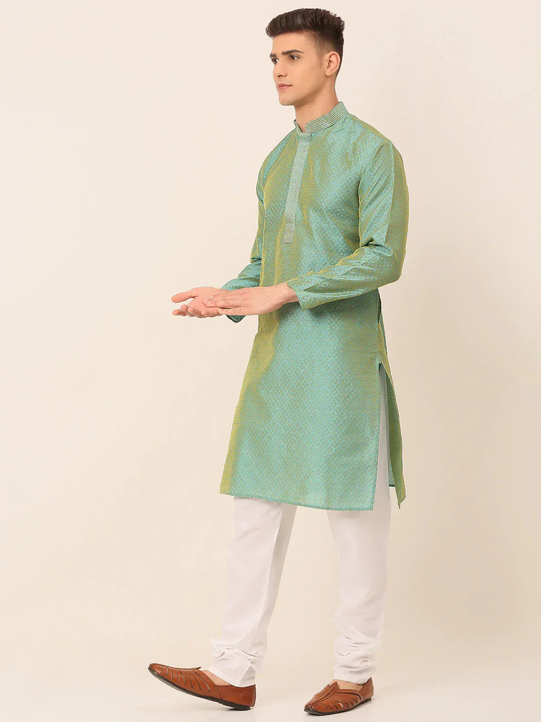 Jompers Men's Silk Blend Collar Embroidered Kurta Pyjama Set - Sea-Green