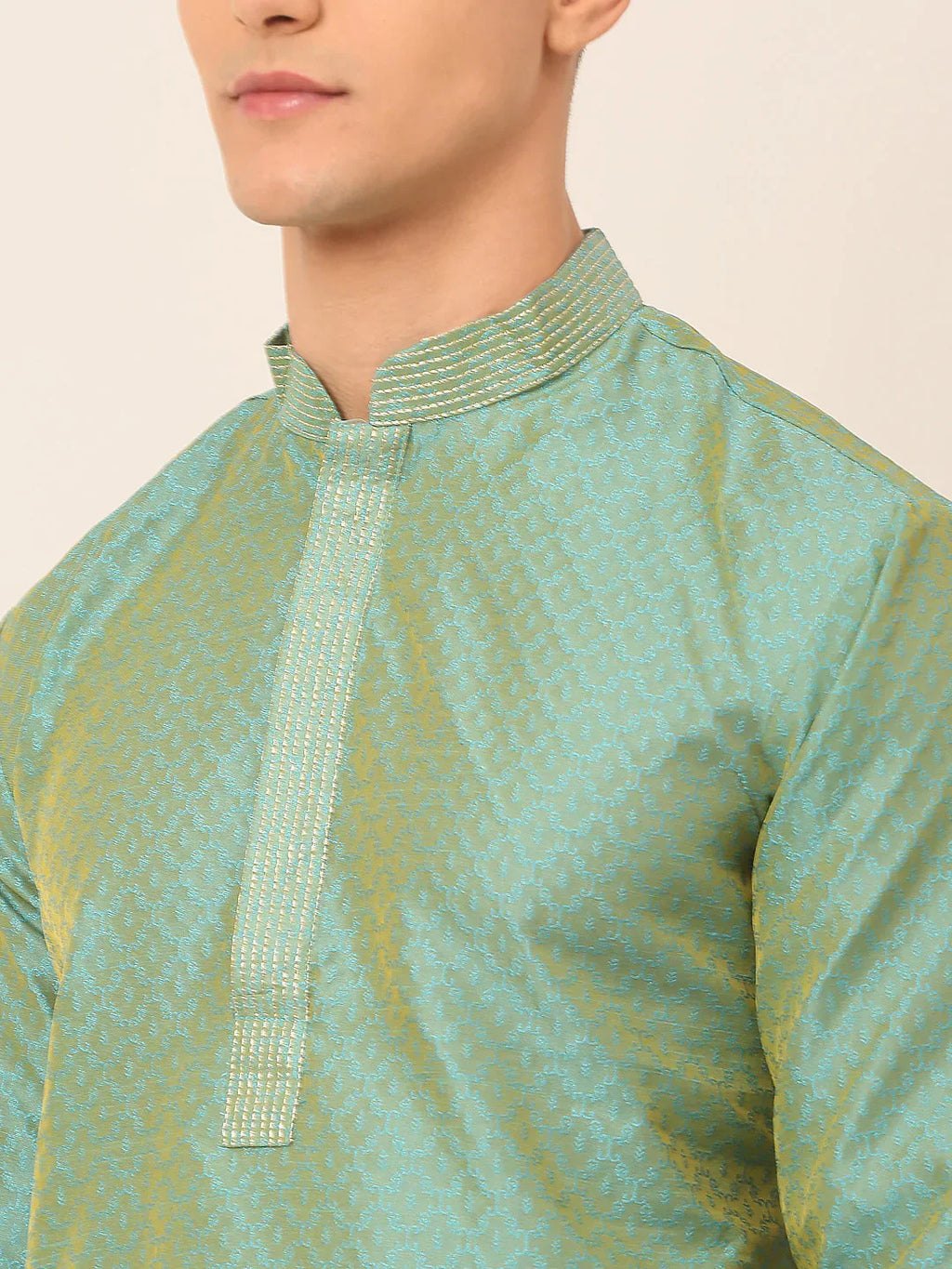 Jompers Men's Silk Blend Collar Embroidered Kurta Pyjama Set - Sea-Green