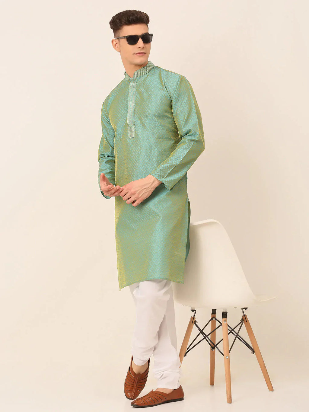 Jompers Men's Silk Blend Collar Embroidered Kurta Pyjama Set - Sea-Green