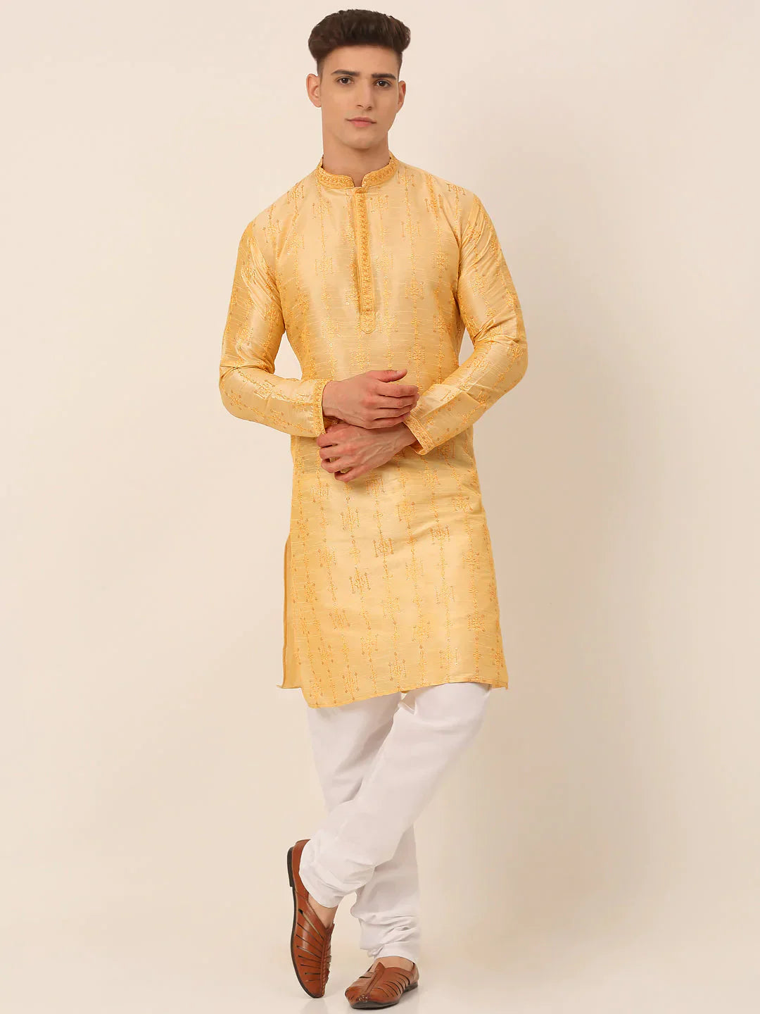 Jompers Men's Silk Blend Collar Embroidered Kurta Pyjama Set - Golden