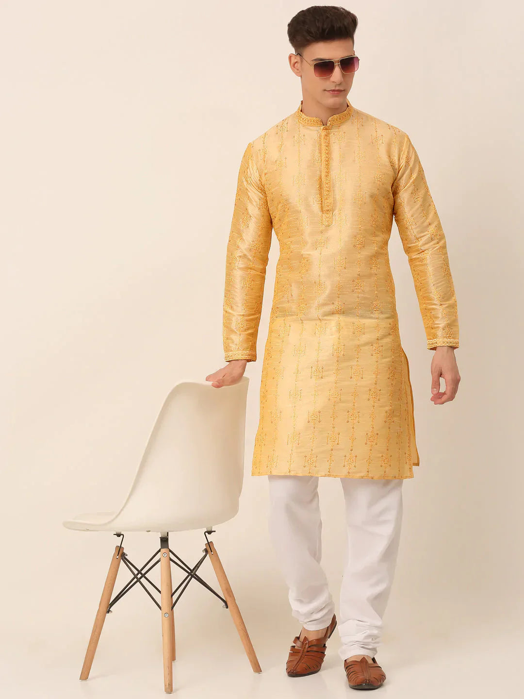 Jompers Men's Silk Blend Collar Embroidered Kurta Pyjama Set - Golden