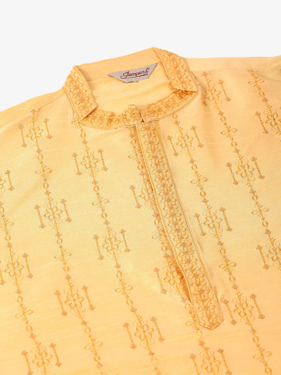 Jompers Men's Silk Blend Collar Embroidered Kurta Pyjama Set - Golden
