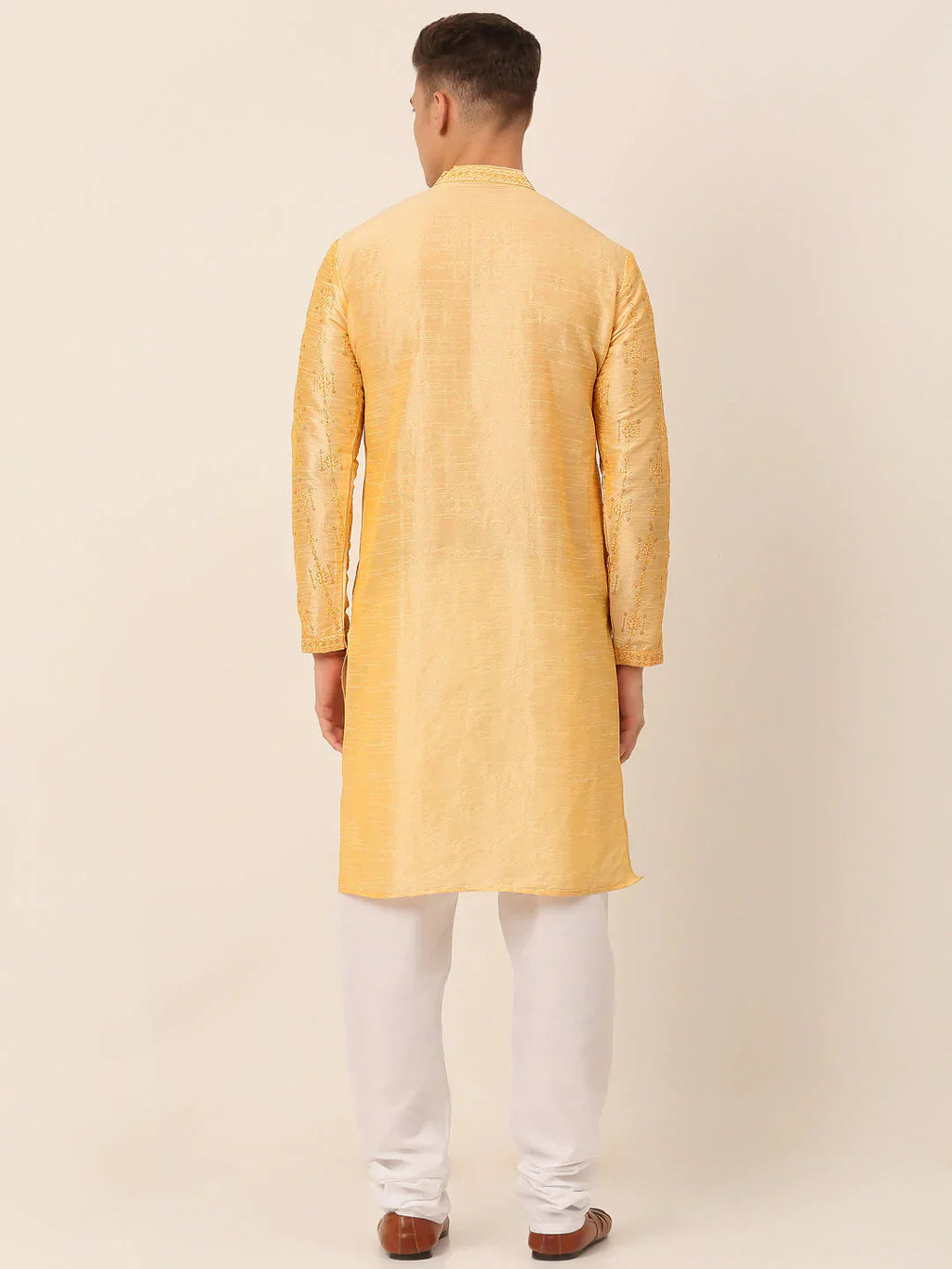 Jompers Men's Silk Blend Collar Embroidered Kurta Pyjama Set - Golden