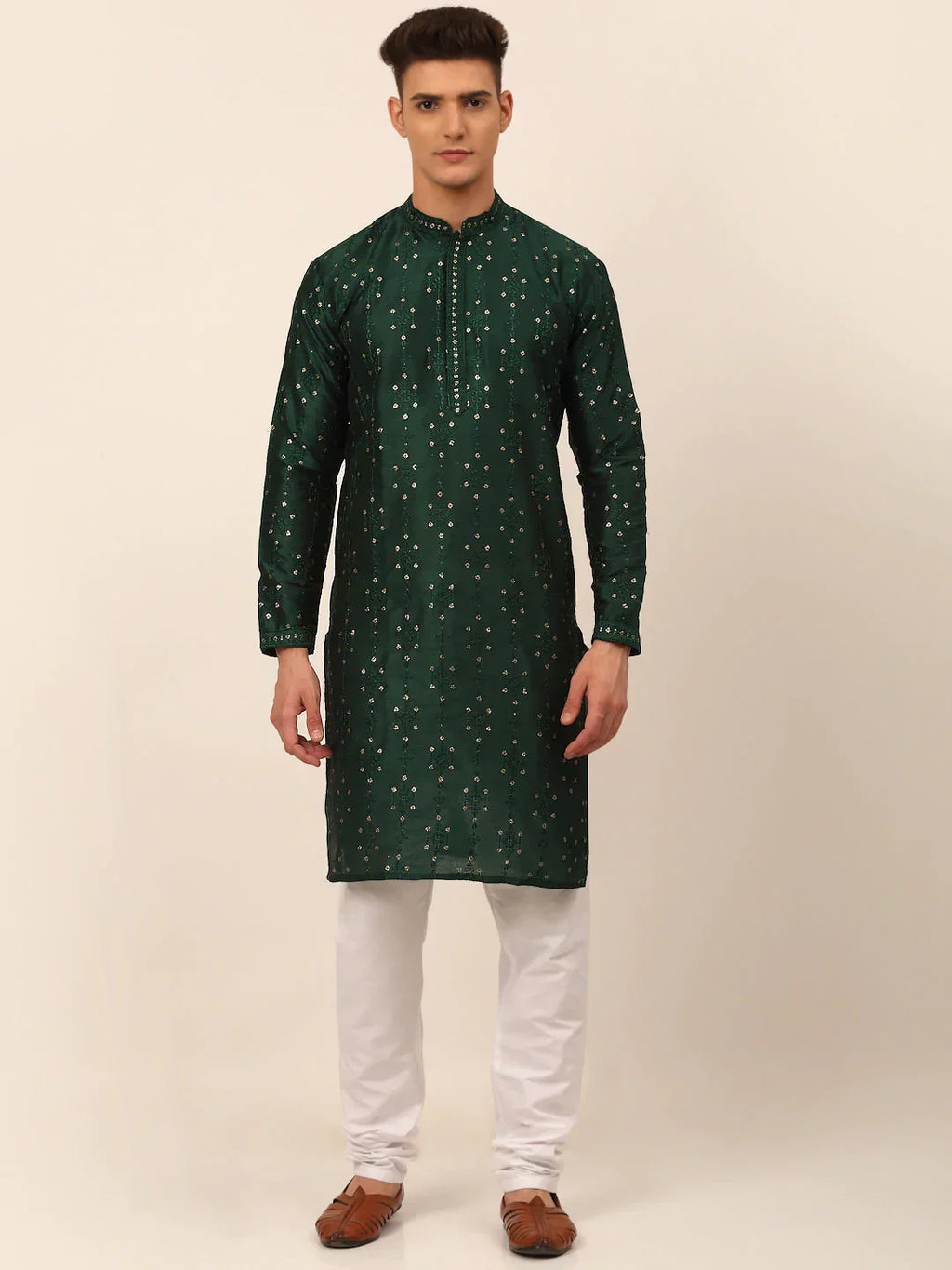 Jompers Men's Silk Blend Collar Embroidered Kurta Pyjama Set - Green