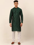 Jompers Men's Silk Blend Collar Embroidered Kurta Pyjama Set - Green