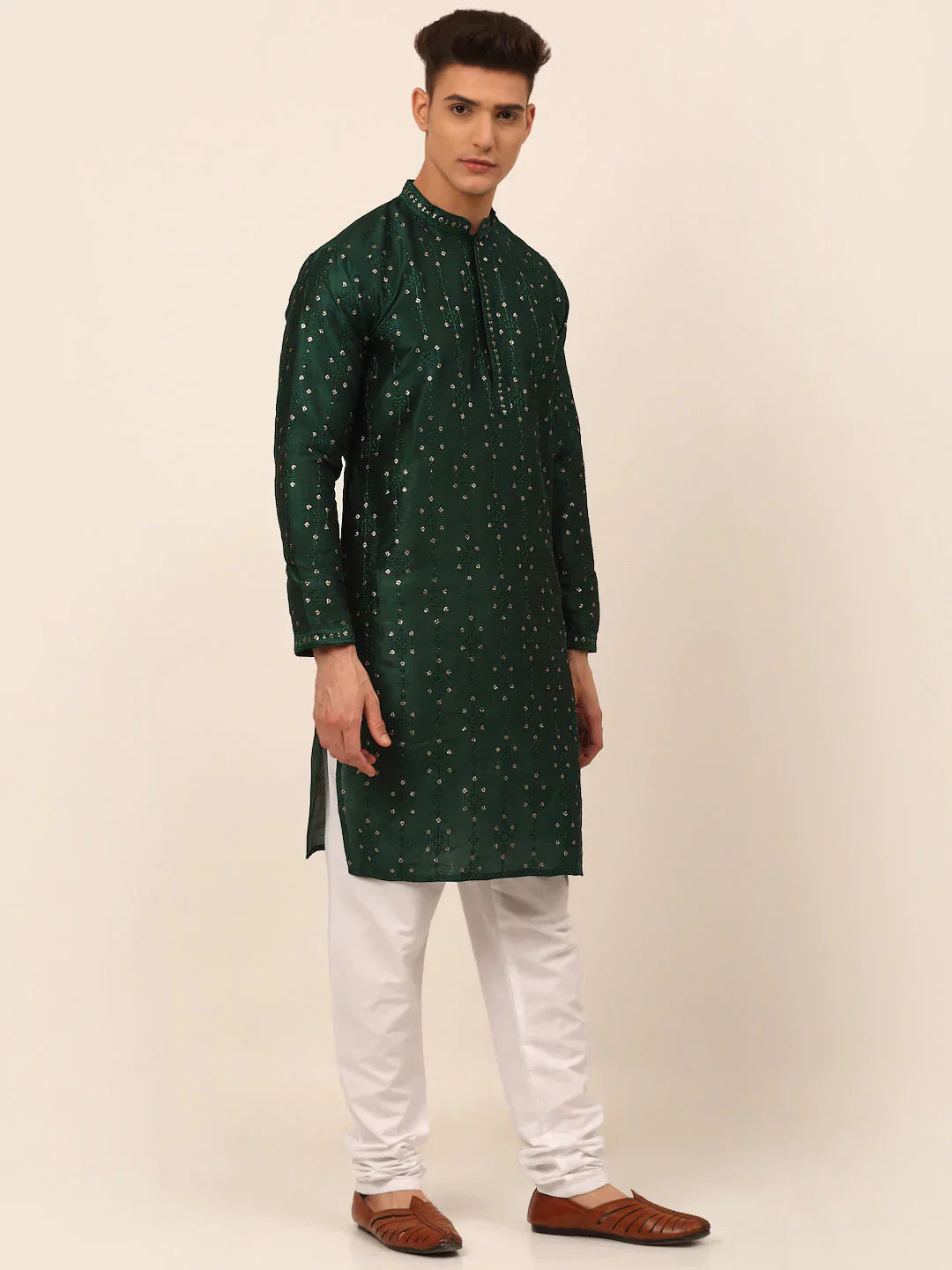 Jompers Men's Silk Blend Collar Embroidered Kurta Pyjama Set - Green