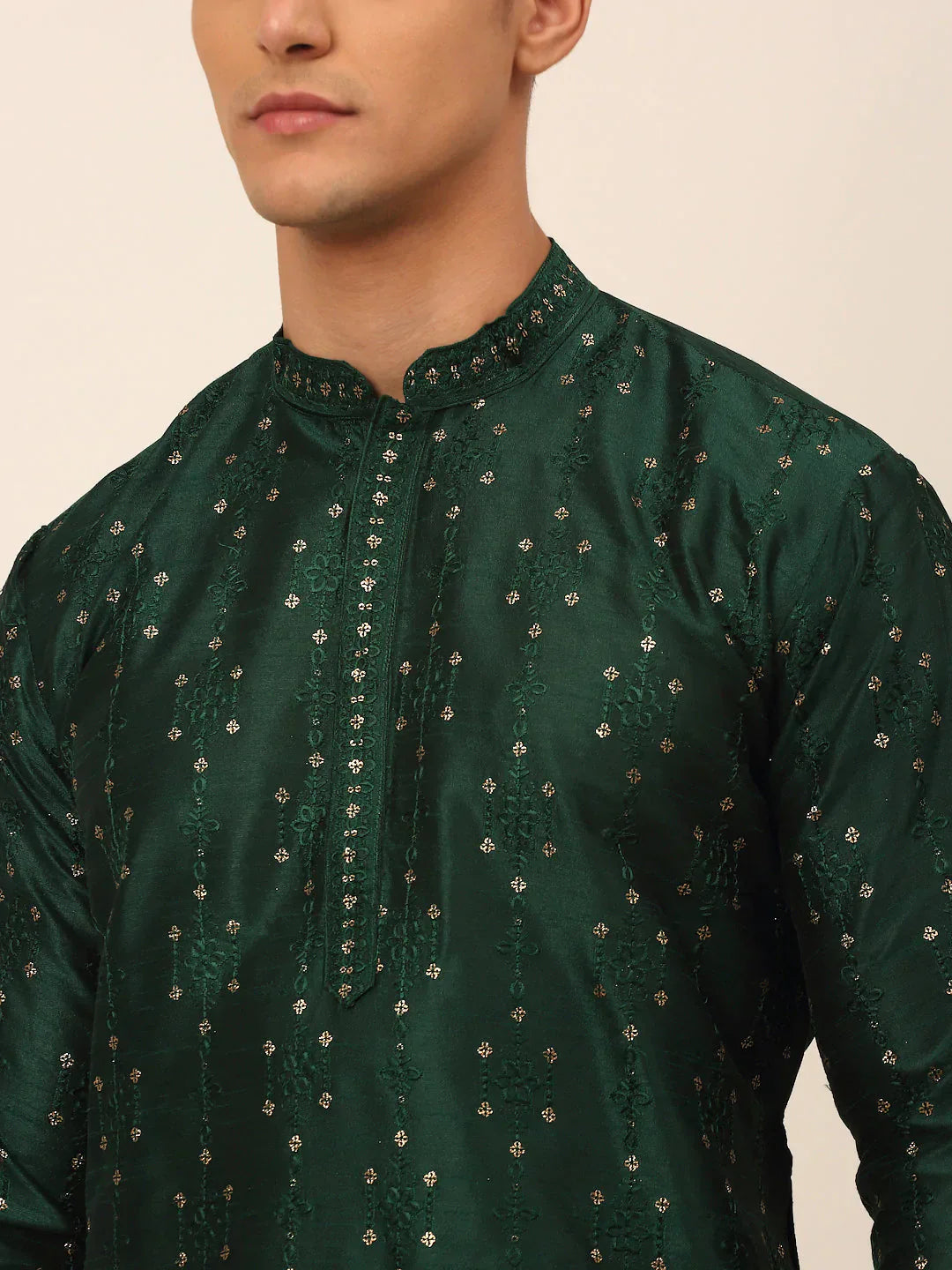 Jompers Men's Silk Blend Collar Embroidered Kurta Pyjama Set - Green