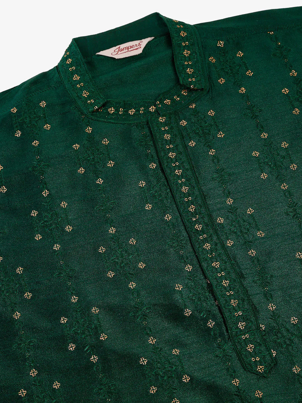 Jompers Men's Silk Blend Collar Embroidered Kurta Pyjama Set - Green