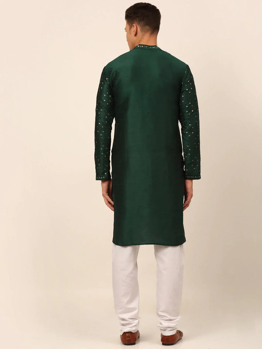 Jompers Men's Silk Blend Collar Embroidered Kurta Pyjama Set - Green