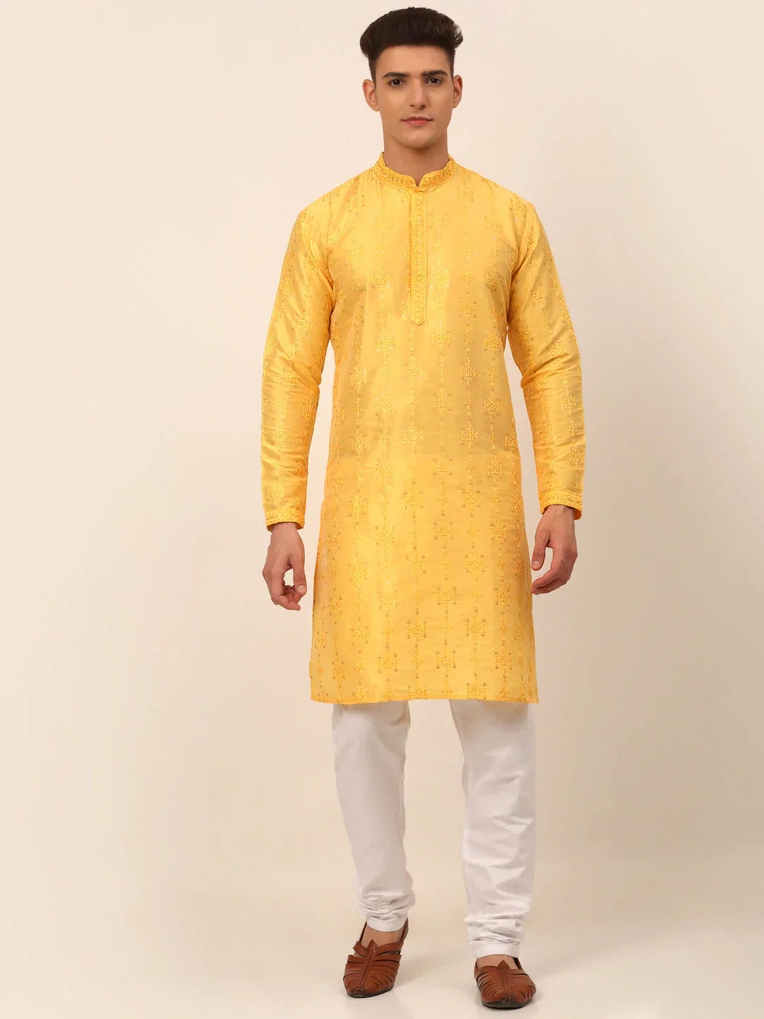 Jompers Men's Silk Blend Collar Embroidered Kurta Pyjama Set - Yellow