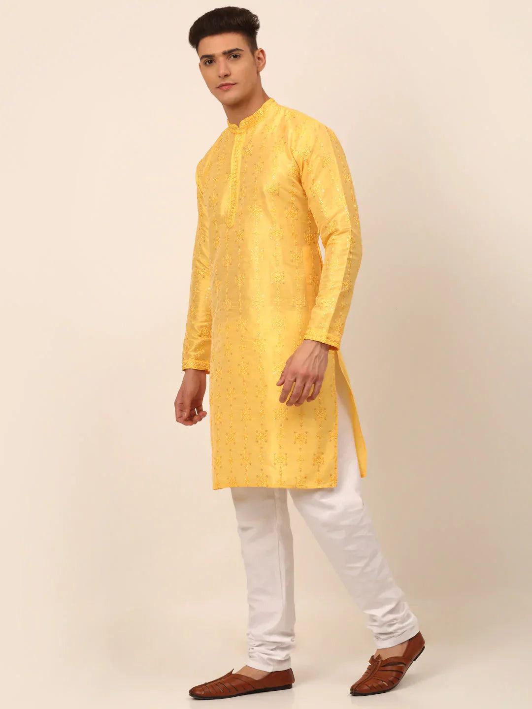 Jompers Men's Silk Blend Collar Embroidered Kurta Pyjama Set - Yellow
