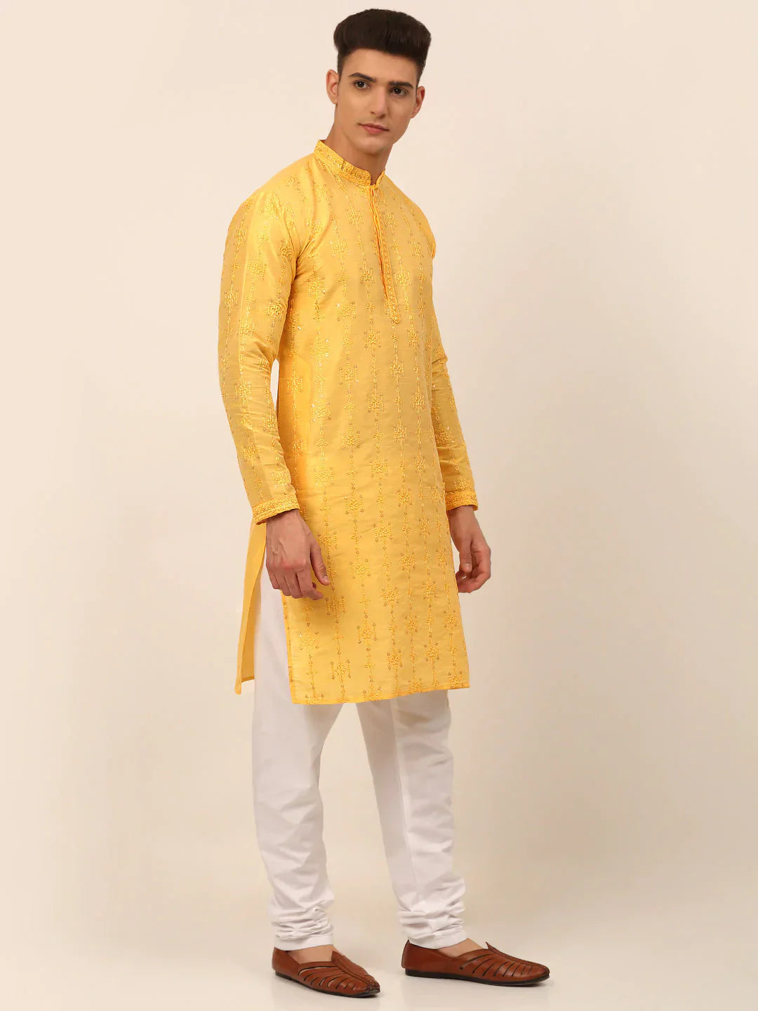 Jompers Men's Silk Blend Collar Embroidered Kurta Pyjama Set - Yellow