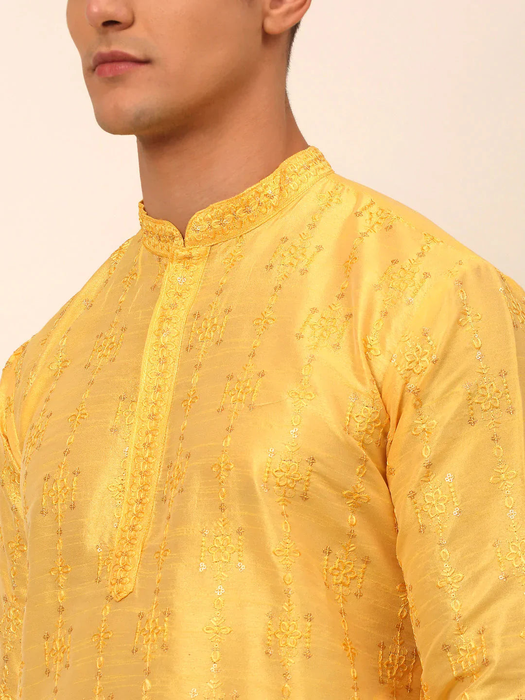 Jompers Men's Silk Blend Collar Embroidered Kurta Pyjama Set - Yellow