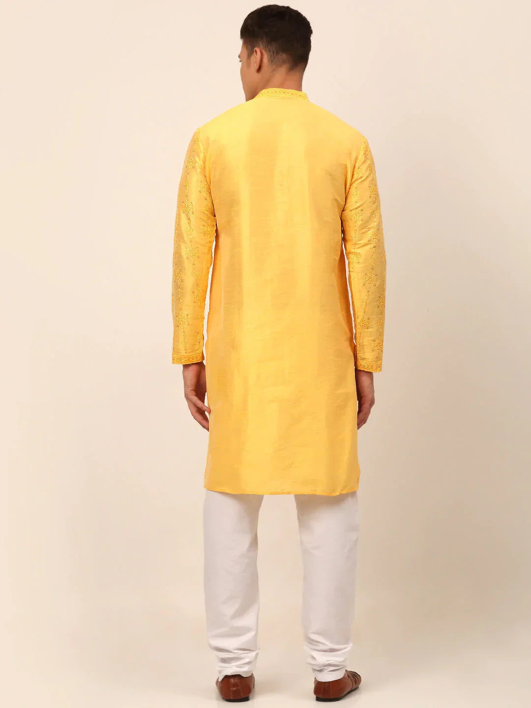 Jompers Men's Silk Blend Collar Embroidered Kurta Pyjama Set - Yellow