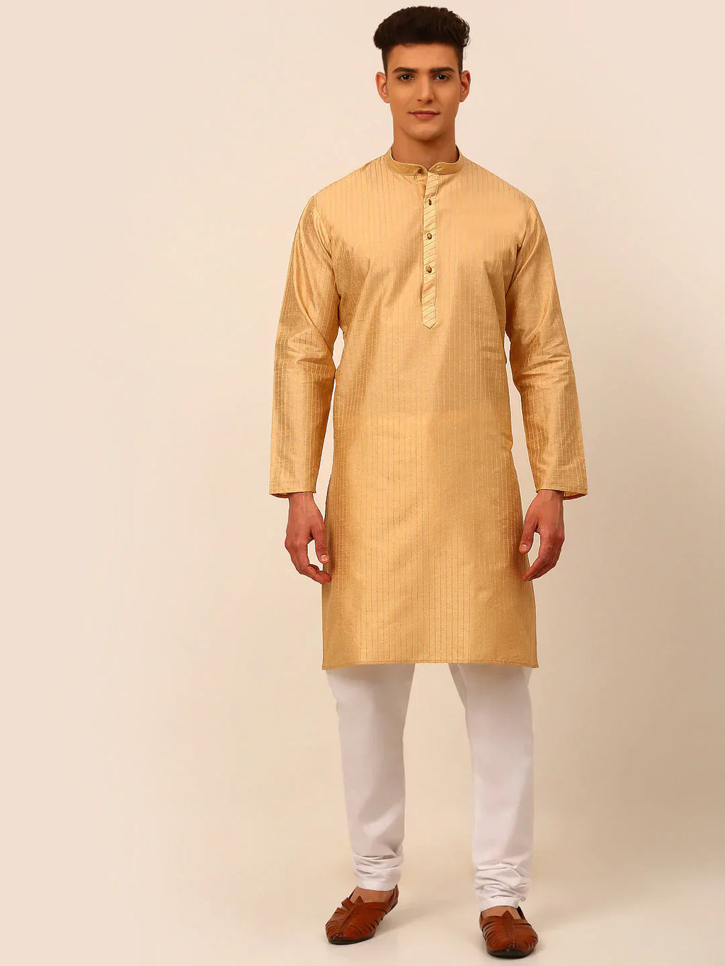 Jompers Men's Beige Striped Pleated Chikankari Kurta pyjama Set