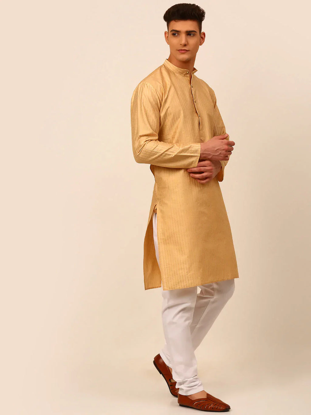 Jompers Men's Beige Striped Pleated Chikankari Kurta pyjama Set