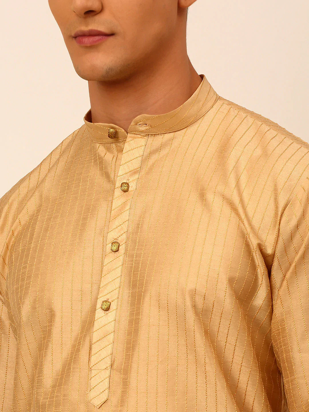 Jompers Men's Beige Striped Pleated Chikankari Kurta pyjama Set