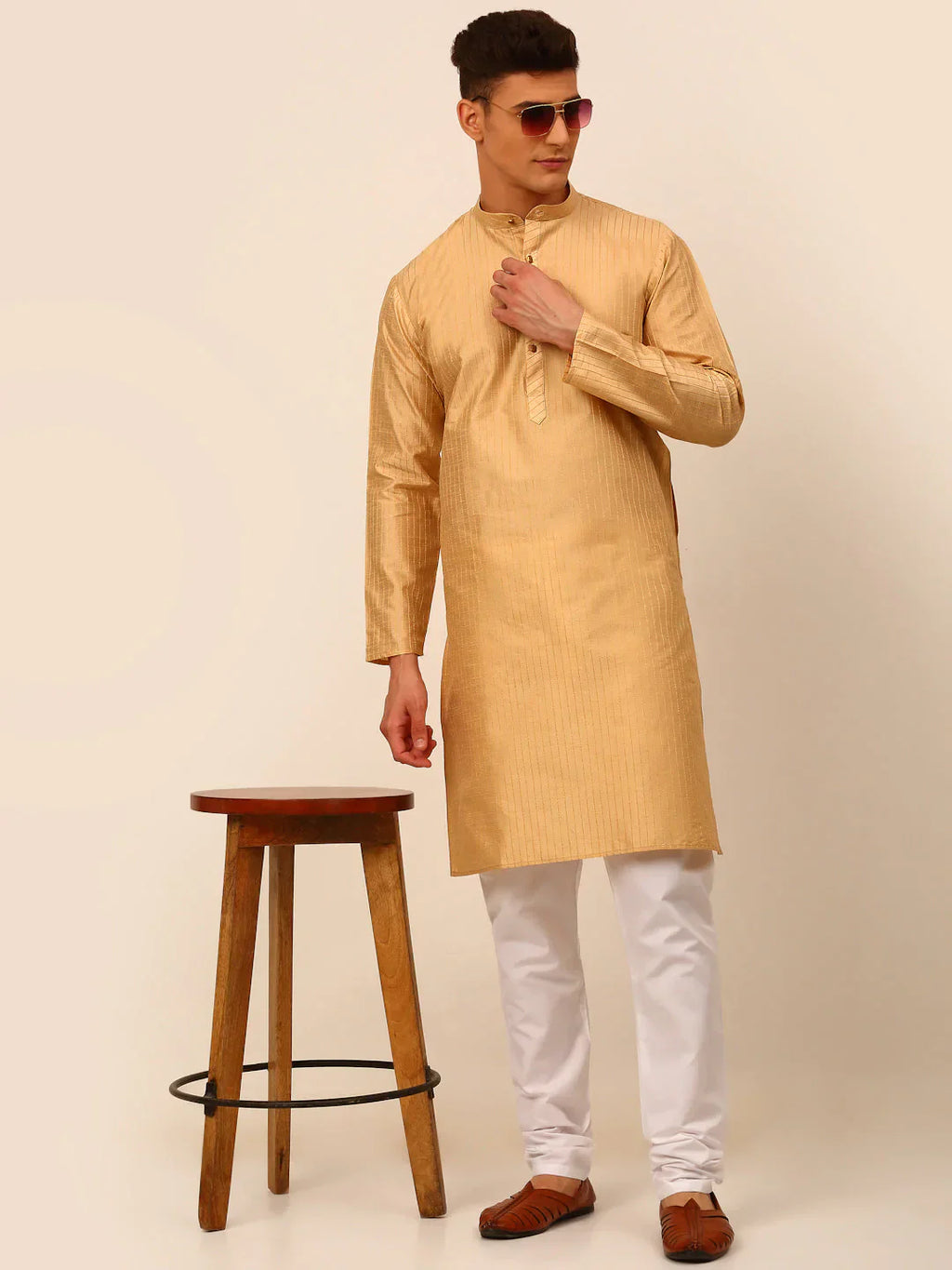 Jompers Men's Beige Striped Pleated Chikankari Kurta pyjama Set
