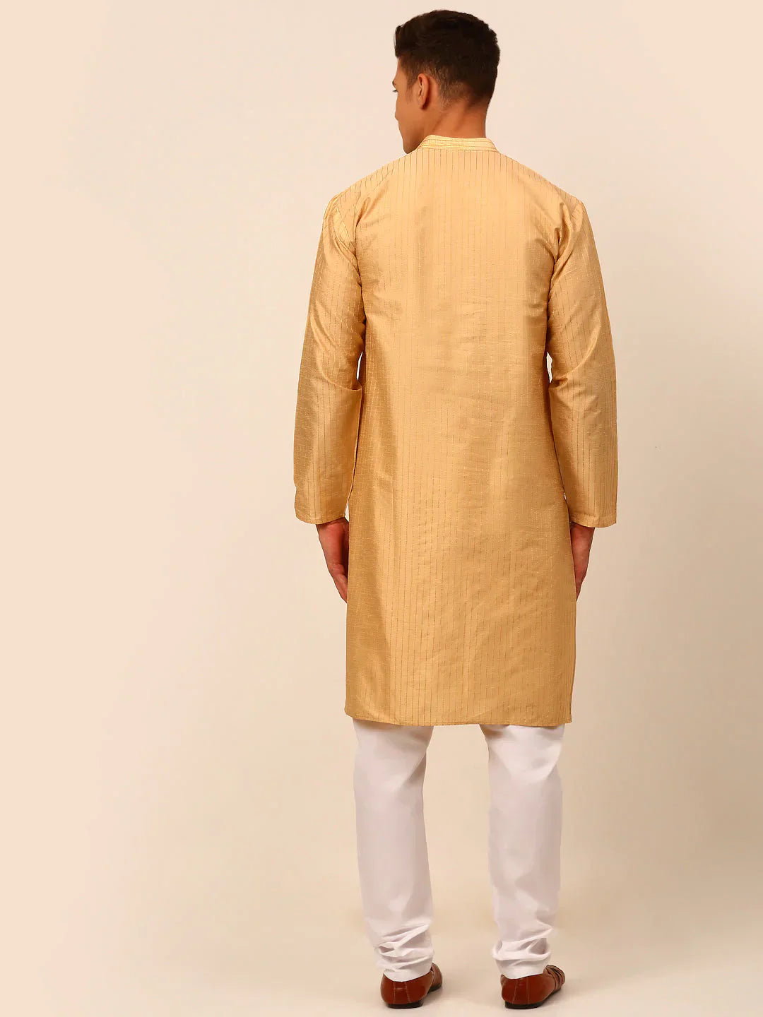 Jompers Men's Beige Striped Pleated Chikankari Kurta pyjama Set
