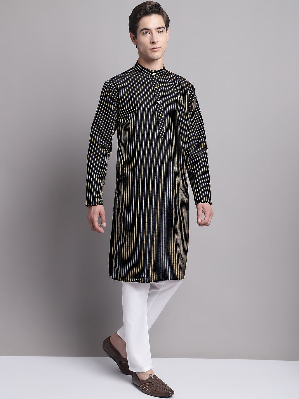 Jompers Men's Black Embroidered Design Kurta with Pyjamas