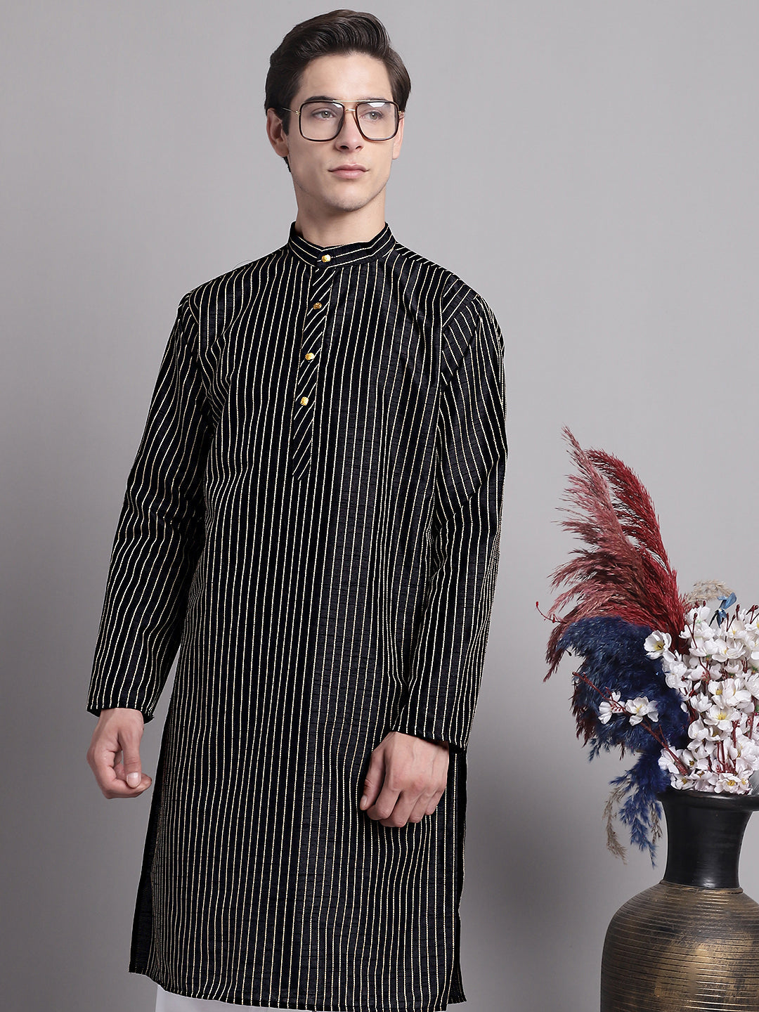 Jompers Men's Black Embroidered Design Kurta with Pyjamas
