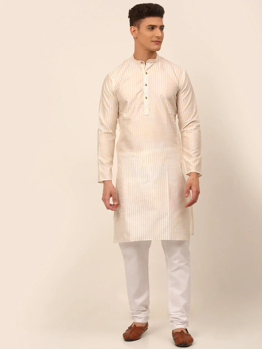Jompers Men's Cream Striped Pleated Chikankari Kurta pyjama Set