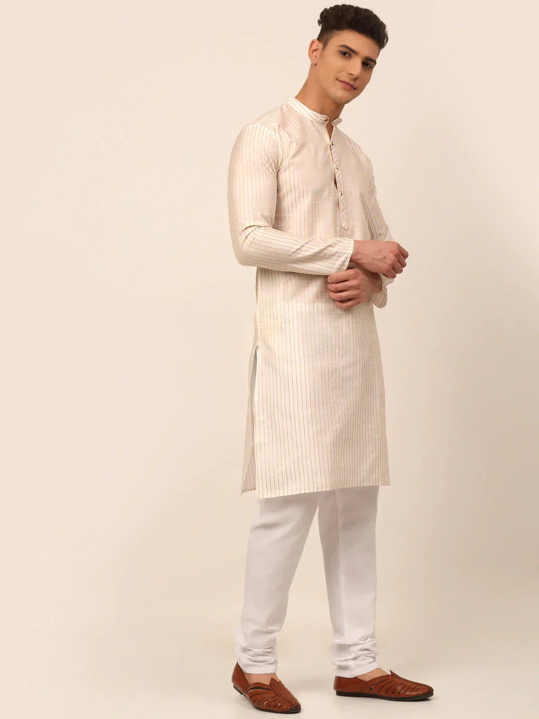Jompers Men's Cream Striped Pleated Chikankari Kurta pyjama Set