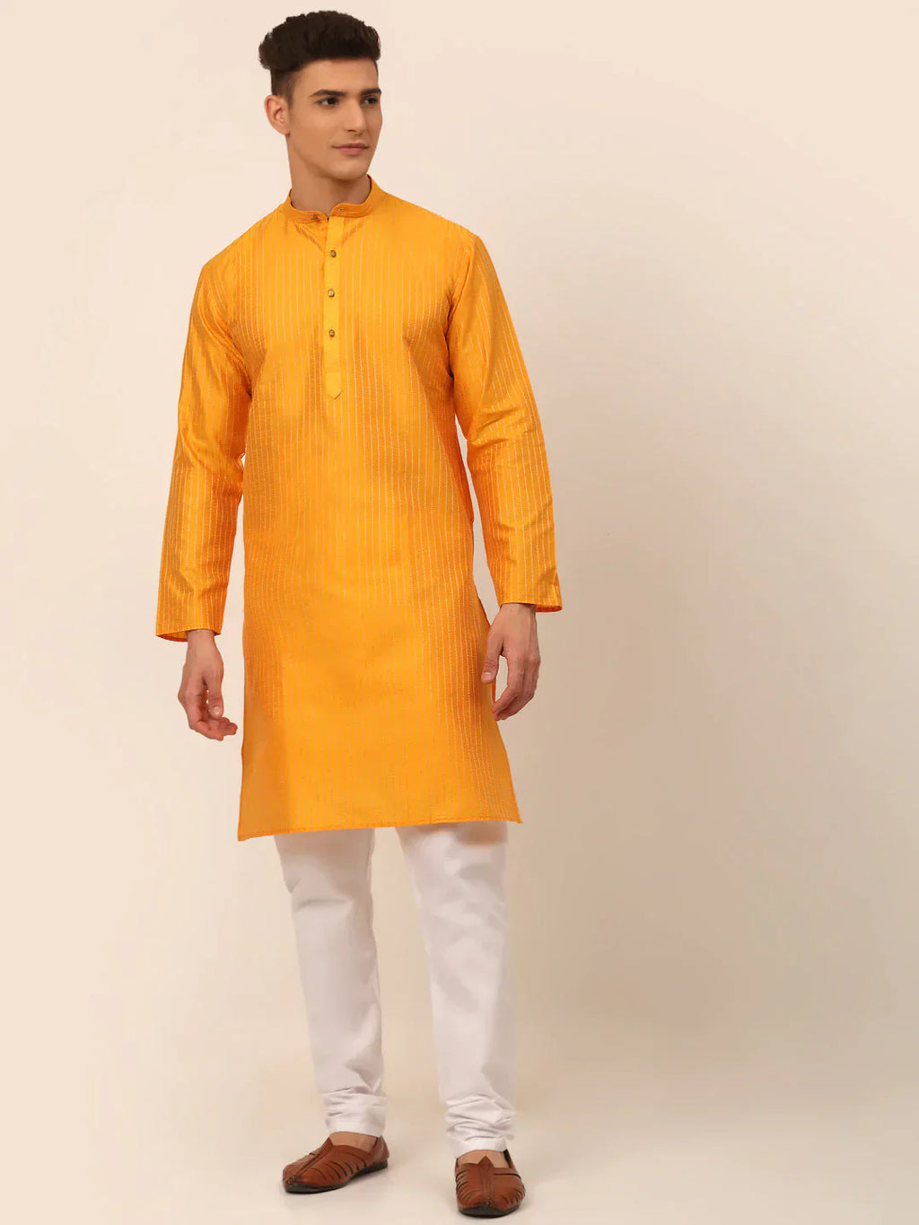 Jompers Men's Mustard Striped Pleated Chikankari Kurta pyjama Set
