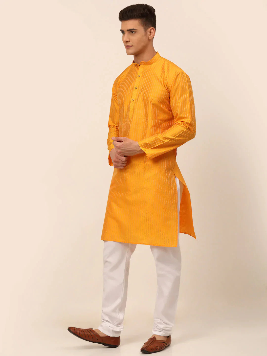 Jompers Men's Mustard Striped Pleated Chikankari Kurta pyjama Set