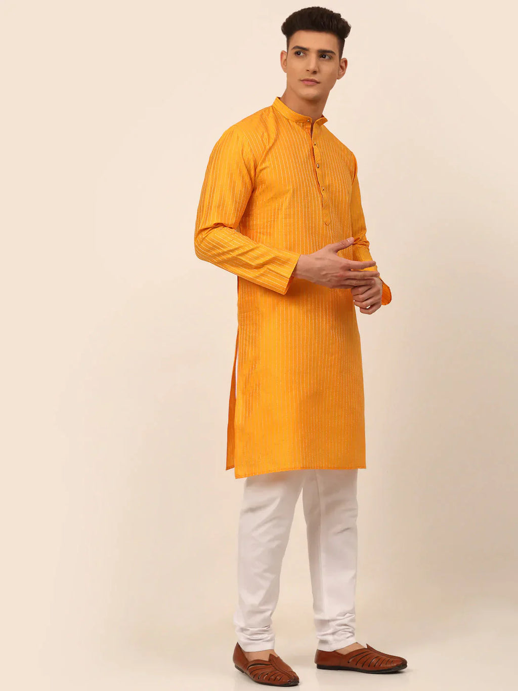 Jompers Men's Mustard Striped Pleated Chikankari Kurta pyjama Set