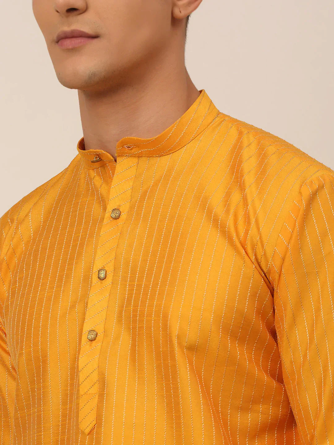 Jompers Men's Mustard Striped Pleated Chikankari Kurta pyjama Set